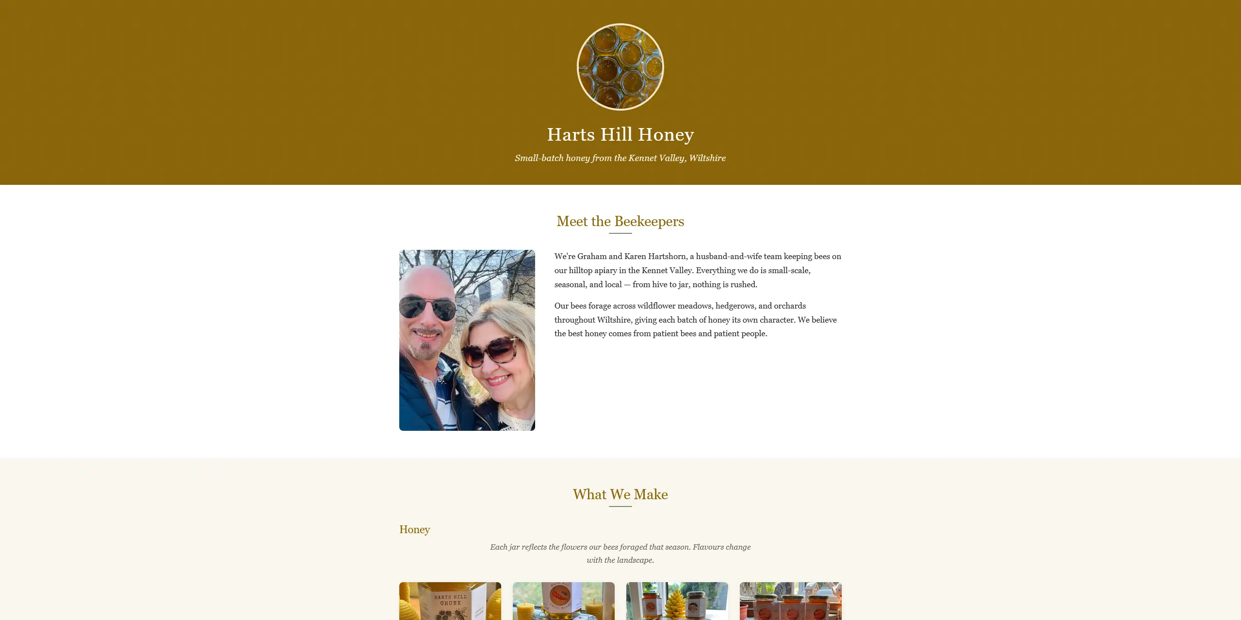 Screenshot of harts-hill-honey.co.uk — marketing website for a small-batch honey business in the Kennet Valley
