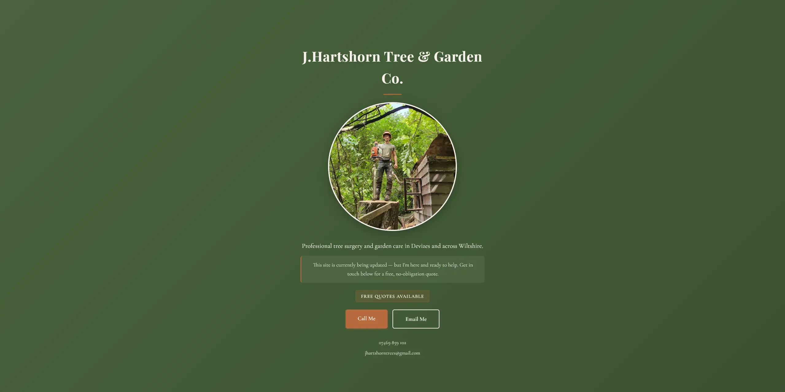 Screenshot of jhartshorntrees.co.uk — marketing website for a local tree and garden care business