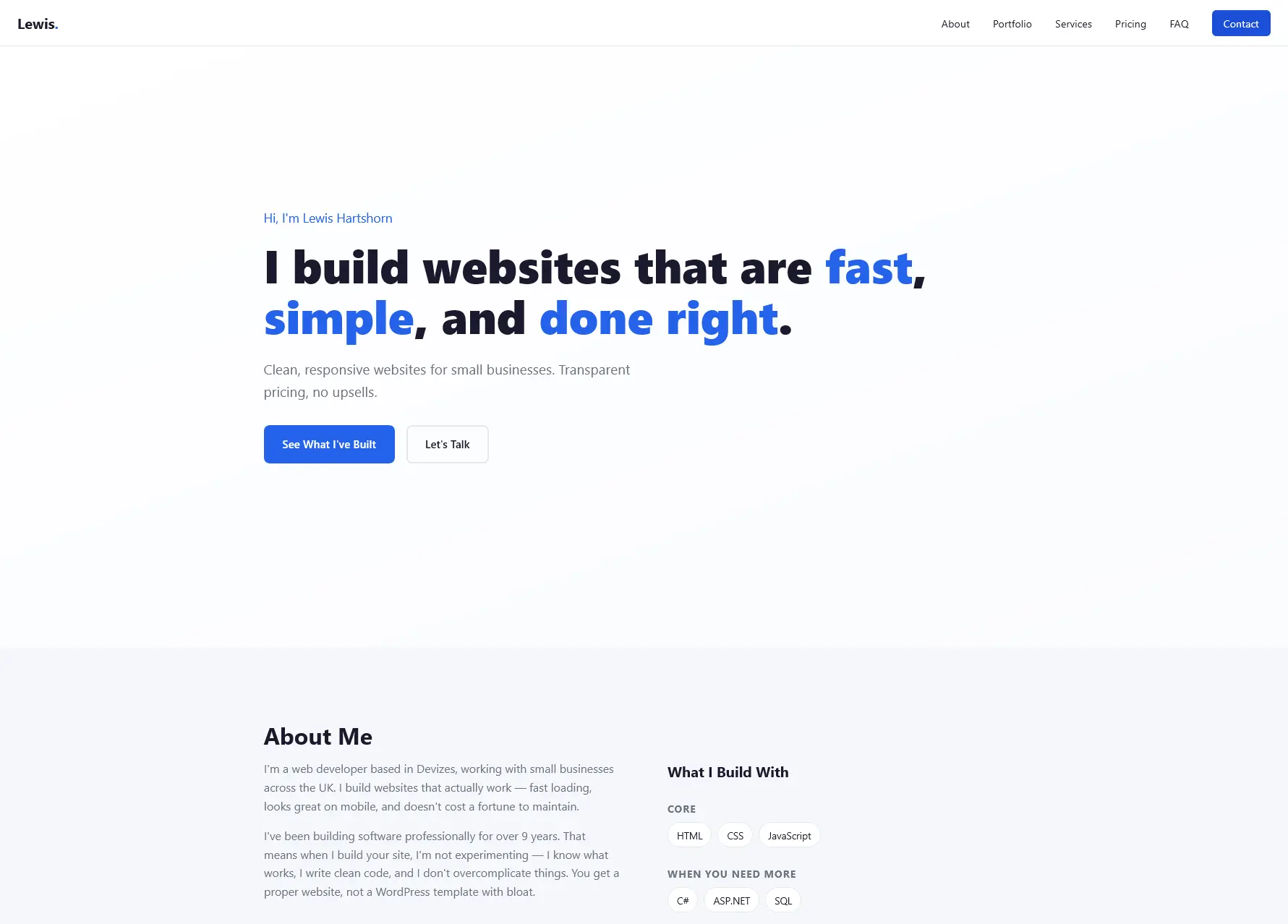 Screenshot of lewishartshorn.com — personal portfolio website built with pure HTML, CSS and JavaScript